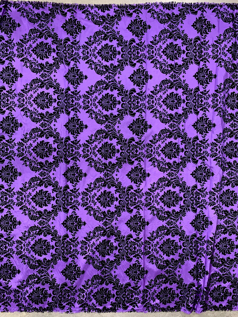 Amanda PURPLE Taffeta with Black Velvet Flocked Damask Fabric by the Yard - 10078