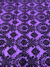 Amanda PURPLE Taffeta with Black Velvet Flocked Damask Fabric by the Yard - 10078