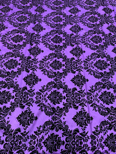 Amanda PURPLE Taffeta with Black Velvet Flocked Damask Fabric by the Yard - 10078
