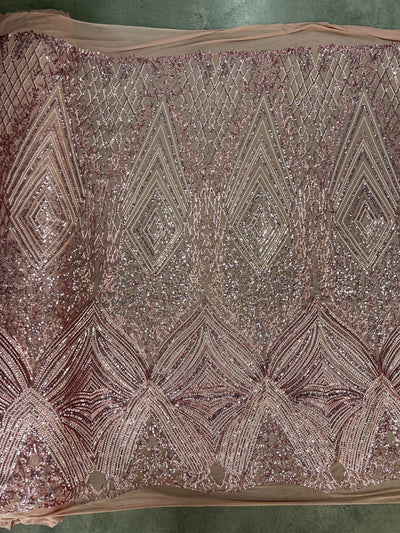 Averie DUSTY PINK Geometric Butterfly Sequins on Mesh Lace Fabric by the Yard - 10113