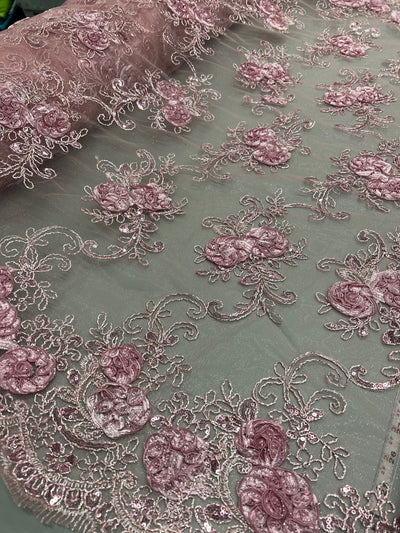 Ryleigh DUSTY PINK 3D Floral Embroidery with Foil & Sequins on Mesh Lace Fabric by the Yard - 10010