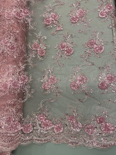 Ryleigh DUSTY PINK 3D Floral Embroidery with Foil & Sequins on Mesh Lace Fabric by the Yard - 10010