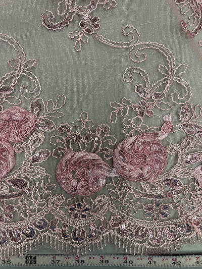 Ryleigh DUSTY PINK 3D Floral Embroidery with Foil & Sequins on Mesh Lace Fabric by the Yard - 10010