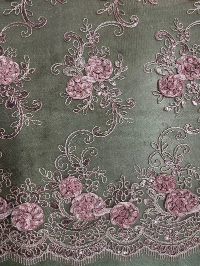 Ryleigh DUSTY PINK 3D Floral Embroidery with Foil & Sequins on Mesh Lace Fabric by the Yard - 10010