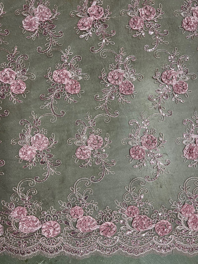 Ryleigh DUSTY PINK 3D Floral Embroidery with Foil & Sequins on Mesh Lace Fabric by the Yard - 10010