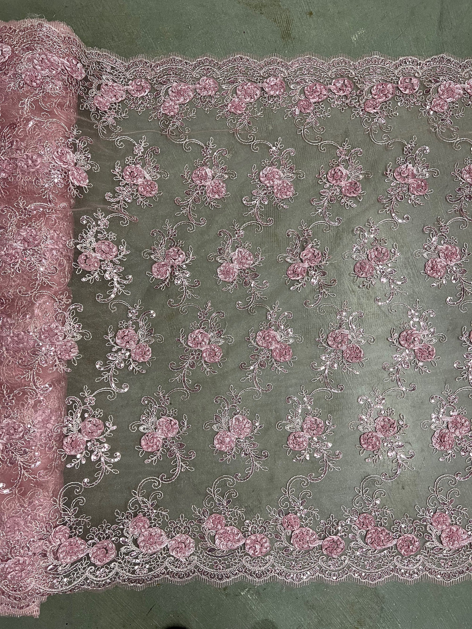 Ryleigh DUSTY PINK 3D Floral Embroidery with Foil & Sequins on Mesh Lace Fabric by the Yard - 10010