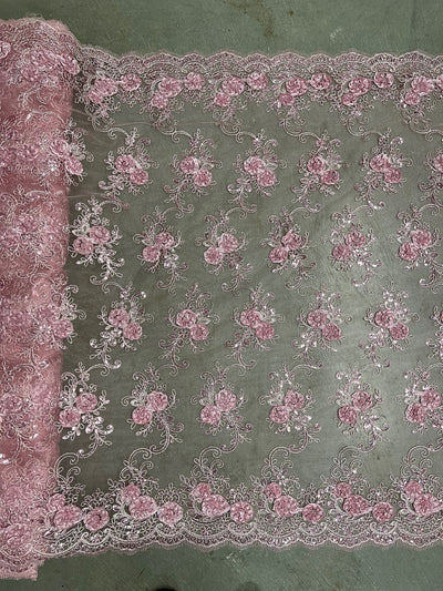 Ryleigh DUSTY PINK 3D Floral Embroidery with Foil & Sequins on Mesh Lace Fabric by the Yard - 10010
