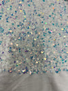 Stephanie SILVER IRIDESCENT Overlap Sequins on WHITE Stretch Velvet Fabric by the Yard for Gowns, Apparel, Costumes, Crafts - 10185