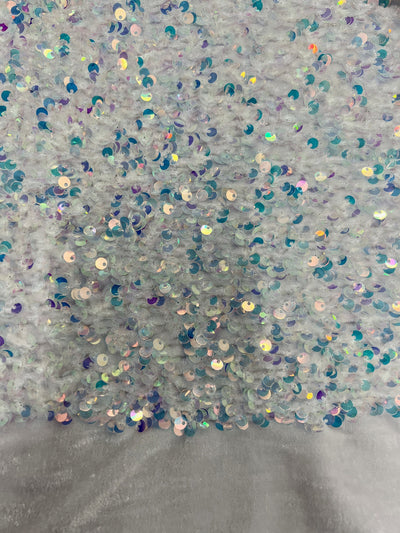 Stephanie SILVER IRIDESCENT Overlap Sequins on WHITE Stretch Velvet Fabric by the Yard for Gowns, Apparel, Costumes, Crafts - 10185
