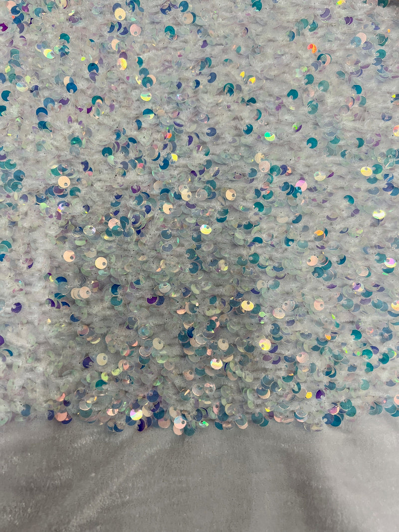 Stephanie SILVER IRIDESCENT Overlap Sequins on WHITE Stretch Velvet Fabric by the Yard for Gowns, Apparel, Costumes, Crafts - 10185
