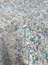 Stephanie SILVER IRIDESCENT Overlap Sequins on WHITE Stretch Velvet Fabric by the Yard for Gowns, Apparel, Costumes, Crafts - 10185