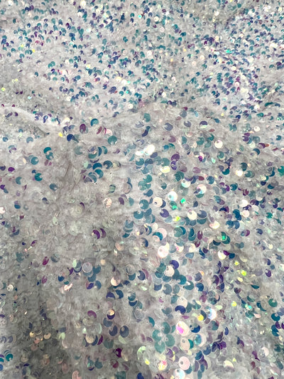 Stephanie SILVER IRIDESCENT Overlap Sequins on WHITE Stretch Velvet Fabric by the Yard for Gowns, Apparel, Costumes, Crafts - 10185