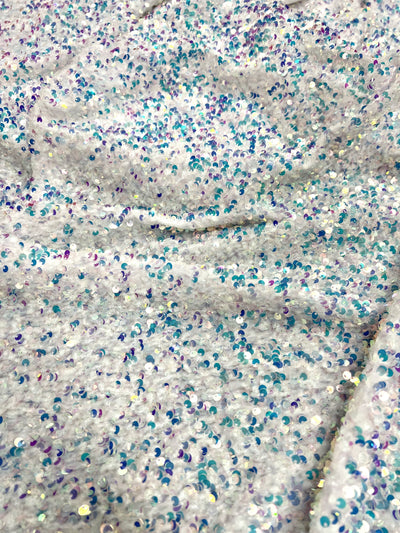 Stephanie SILVER IRIDESCENT Overlap Sequins on WHITE Stretch Velvet Fabric by the Yard for Gowns, Apparel, Costumes, Crafts - 10185