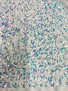 Stephanie SILVER IRIDESCENT Overlap Sequins on WHITE Stretch Velvet Fabric by the Yard for Gowns, Apparel, Costumes, Crafts - 10185