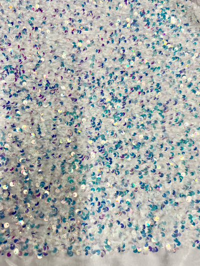 Stephanie SILVER IRIDESCENT Overlap Sequins on WHITE Stretch Velvet Fabric by the Yard for Gowns, Apparel, Costumes, Crafts - 10185