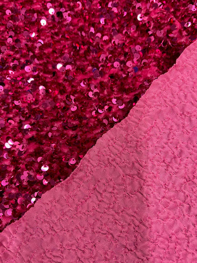 Stephanie FUCHSIA Overlap Sequins on FUCHSIA Stretch Velvet Fabric by the Yard for Gowns, Apparel, Costumes, Crafts - 10185
