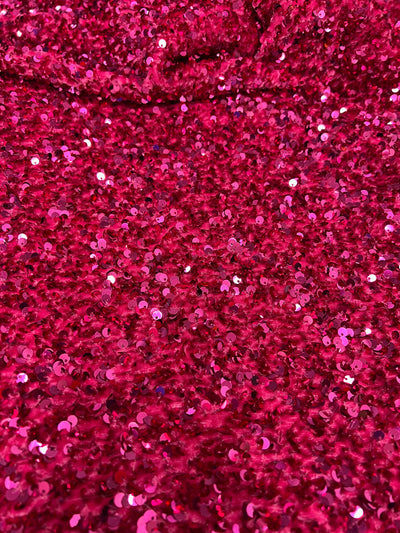 Stephanie FUCHSIA Overlap Sequins on FUCHSIA Stretch Velvet Fabric by the Yard for Gowns, Apparel, Costumes, Crafts - 10185