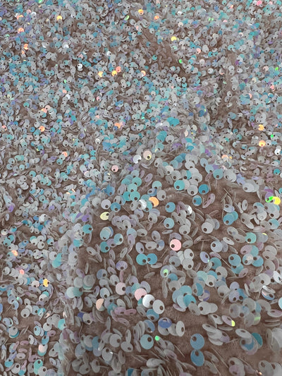 Stephanie IRIDESCENT WHITE Overlap Sequins on NUDE Stretch Velvet Fabric for Gowns, Apparel, Costumes, Crafts - 10185