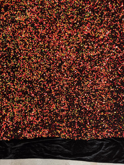 Stephanie MULTI COLORED Overlap Sequins on BLACK Stretch Velvet Fabric by the Yard for Gowns, Apparel, Costumes, Crafts - 10185