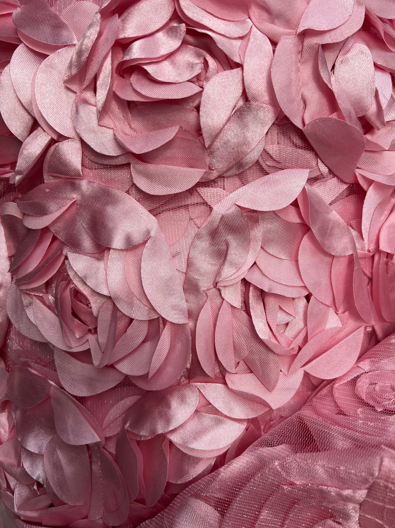 Maci LIGHT DUSTY PINK 3-D Floral Polyester Satin Rosette on Mesh Fabric by the Yard - 10057