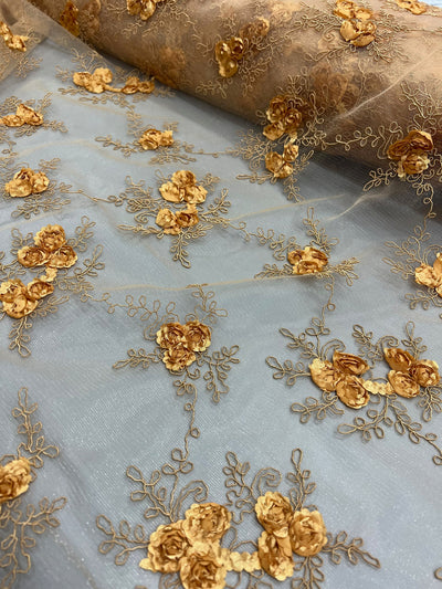 Andrea ANTIQUE GOLD 3D Floral Matte Corded Embroidery on Mesh Lace Fabric by the Yard - 10016