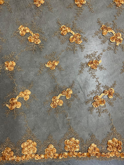 Andrea ANTIQUE GOLD 3D Floral Matte Corded Embroidery on Mesh Lace Fabric by the Yard - 10016