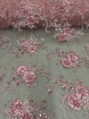 Ryleigh DUSTY PINK 3D Floral Embroidery with Foil & Sequins on Mesh Lace Fabric by the Yard - 10010
