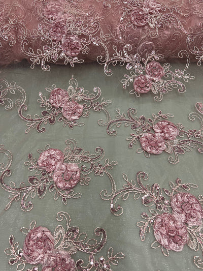 Ryleigh DUSTY PINK 3D Floral Embroidery with Foil & Sequins on Mesh Lace Fabric by the Yard - 10010