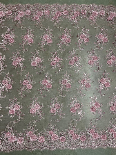 Ryleigh DUSTY PINK 3D Floral Embroidery with Foil & Sequins on Mesh Lace Fabric by the Yard - 10010