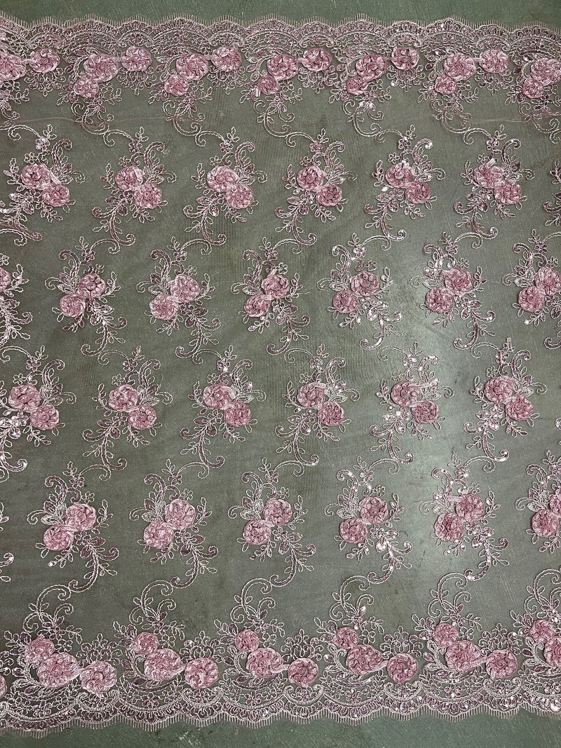 Ryleigh DUSTY PINK 3D Floral Embroidery with Foil & Sequins on Mesh Lace Fabric by the Yard - 10010