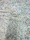 Stephanie SILVER IRIDESCENT Overlap Sequins on WHITE Stretch Velvet Fabric by the Yard for Gowns, Apparel, Costumes, Crafts - 10185