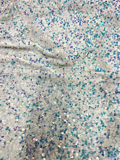 Stephanie SILVER IRIDESCENT Overlap Sequins on WHITE Stretch Velvet Fabric by the Yard for Gowns, Apparel, Costumes, Crafts - 10185