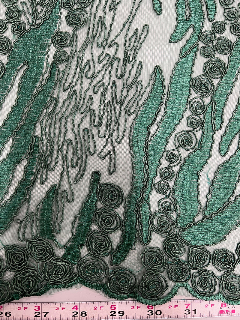 Katelyn HUNTER GREEN Vines and Swirls Corded Embroidery on Mesh Fabric by the Yard - 10045