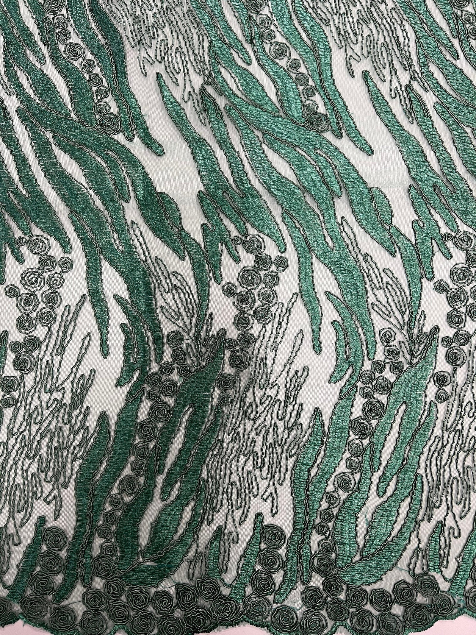 Katelyn HUNTER GREEN Vines and Swirls Corded Embroidery on Mesh Fabric by the Yard - 10045