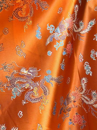 Hope ORANGE Dragon Brocade Chinese Satin Fabric by the Yard - 10040
