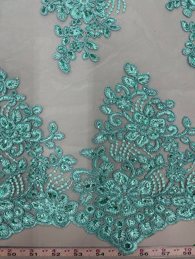 Brianna AQUA Polyester Floral Embroidery with Sequins on Mesh Lace Fabric by the Yard - 10020