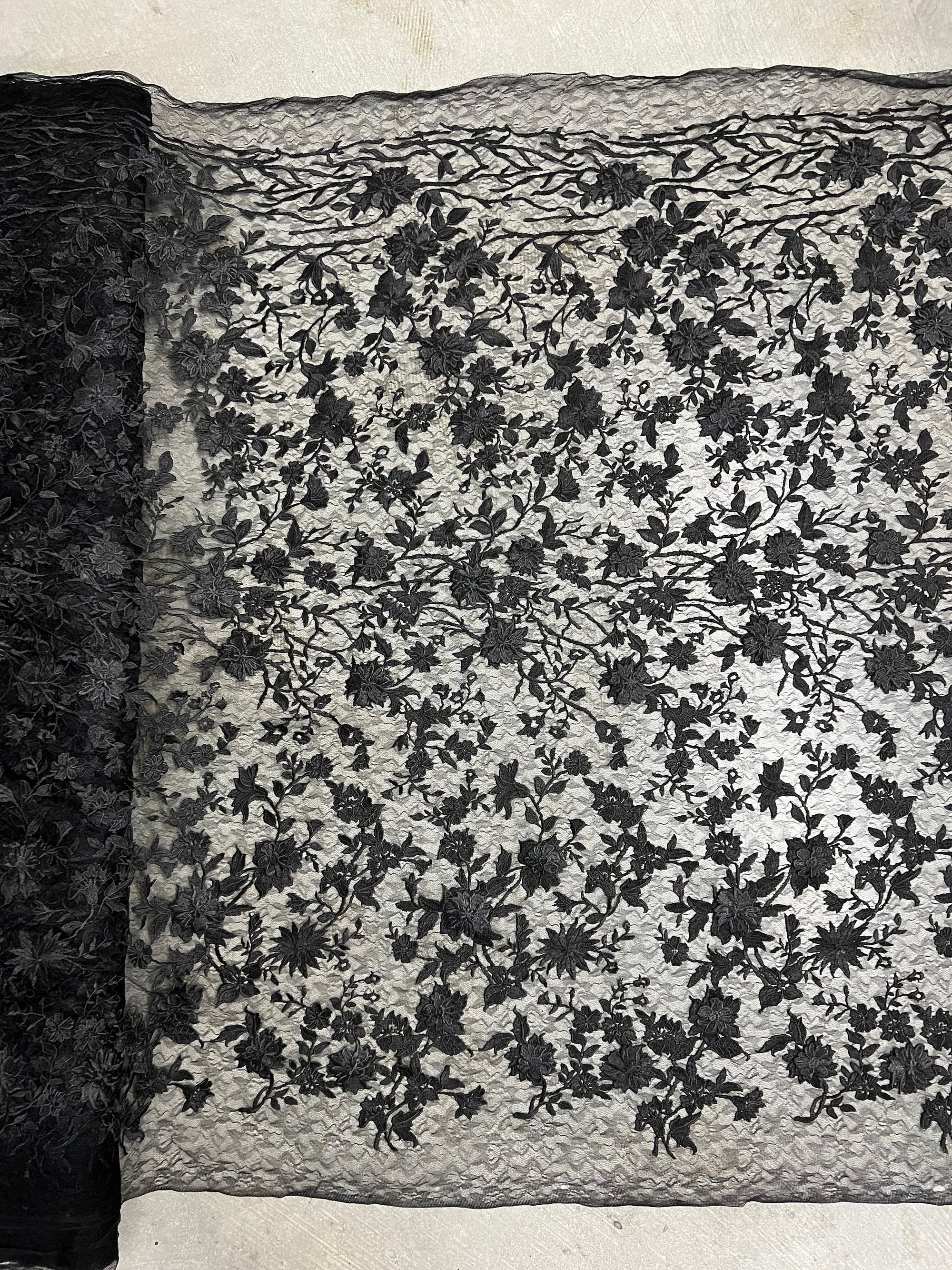 Nina BLACK Polyester 3D Floral Embroidery on Mesh Lace Fabric by the Yard - 10032