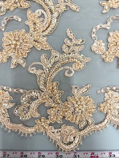 Jayla LIGHT PEACH Floral Embroidery with Beads and Sequins on Mesh Lace Fabric by the Yard - 10044