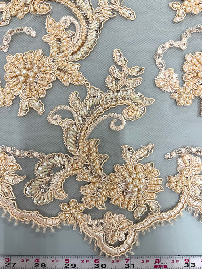 Jayla LIGHT PEACH Floral Embroidery with Beads and Sequins on Mesh Lace Fabric by the Yard - 10044