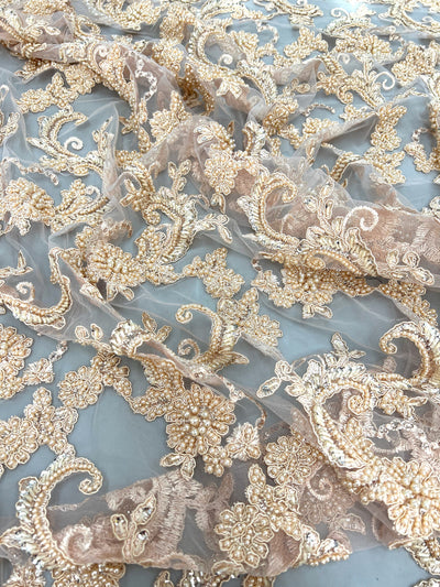 Jayla LIGHT PEACH Floral Embroidery with Beads and Sequins on Mesh Lace Fabric by the Yard - 10044