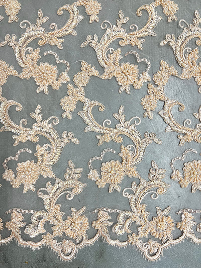 Jayla LIGHT PEACH Floral Embroidery with Beads and Sequins on Mesh Lace Fabric by the Yard - 10044