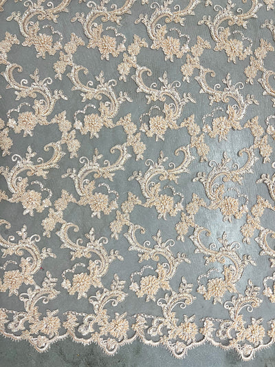 Jayla LIGHT PEACH Floral Embroidery with Beads and Sequins on Mesh Lace Fabric by the Yard - 10044