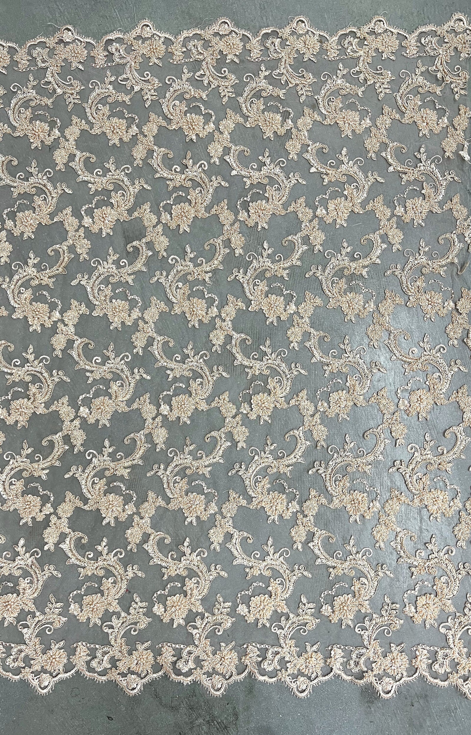 Jayla LIGHT PEACH Floral Embroidery with Beads and Sequins on Mesh Lace Fabric by the Yard - 10044