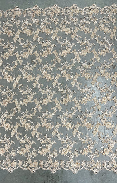 Jayla LIGHT PEACH Floral Embroidery with Beads and Sequins on Mesh Lace Fabric by the Yard - 10044