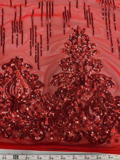 Angelica RED Curlicues and Leaves Sequins on Mesh Lace Fabric by the Yard - 10132