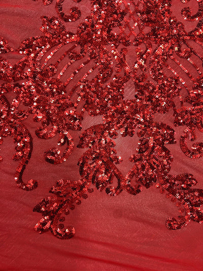 Angelica RED Curlicues and Leaves Sequins on Mesh Lace Fabric by the Yard - 10132