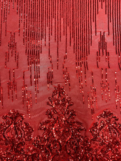 Angelica RED Curlicues and Leaves Sequins on Mesh Lace Fabric by the Yard - 10132