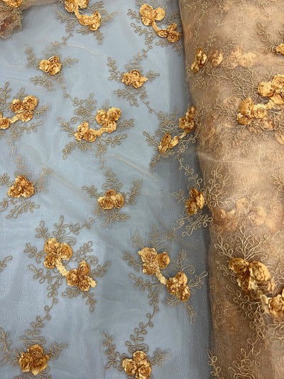 Andrea ANTIQUE GOLD 3D Floral Matte Corded Embroidery on Mesh Lace Fabric by the Yard - 10016