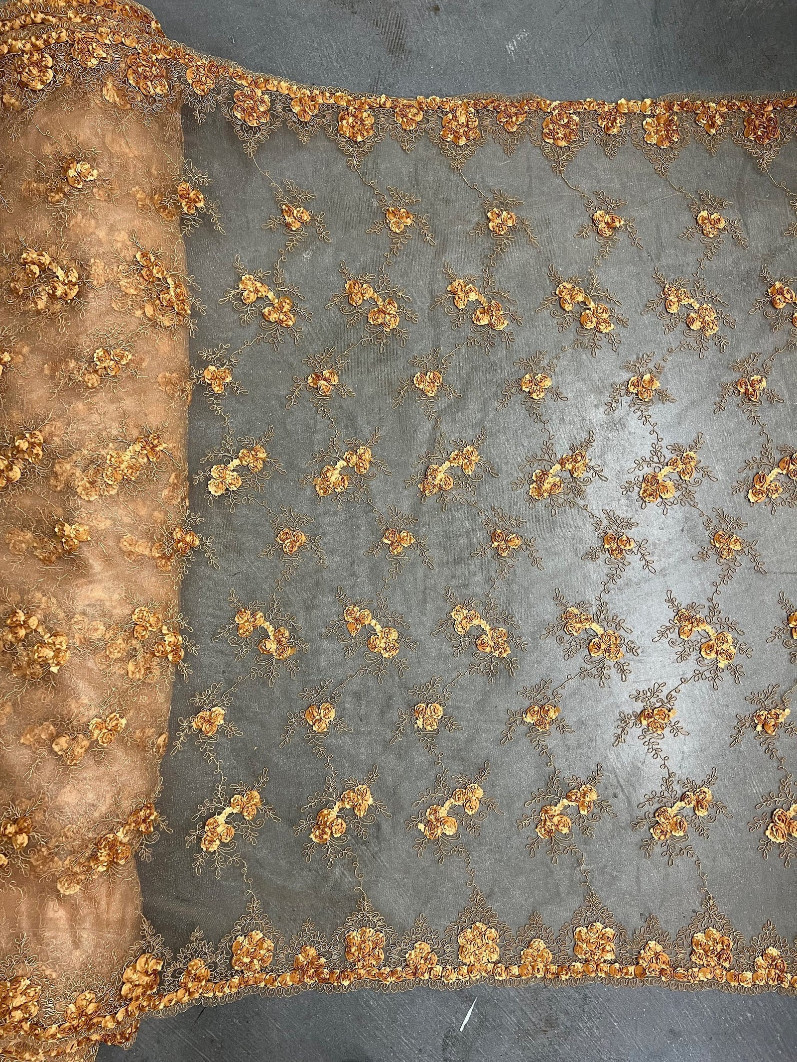 Andrea ANTIQUE GOLD 3D Floral Matte Corded Embroidery on Mesh Lace Fabric by the Yard - 10016