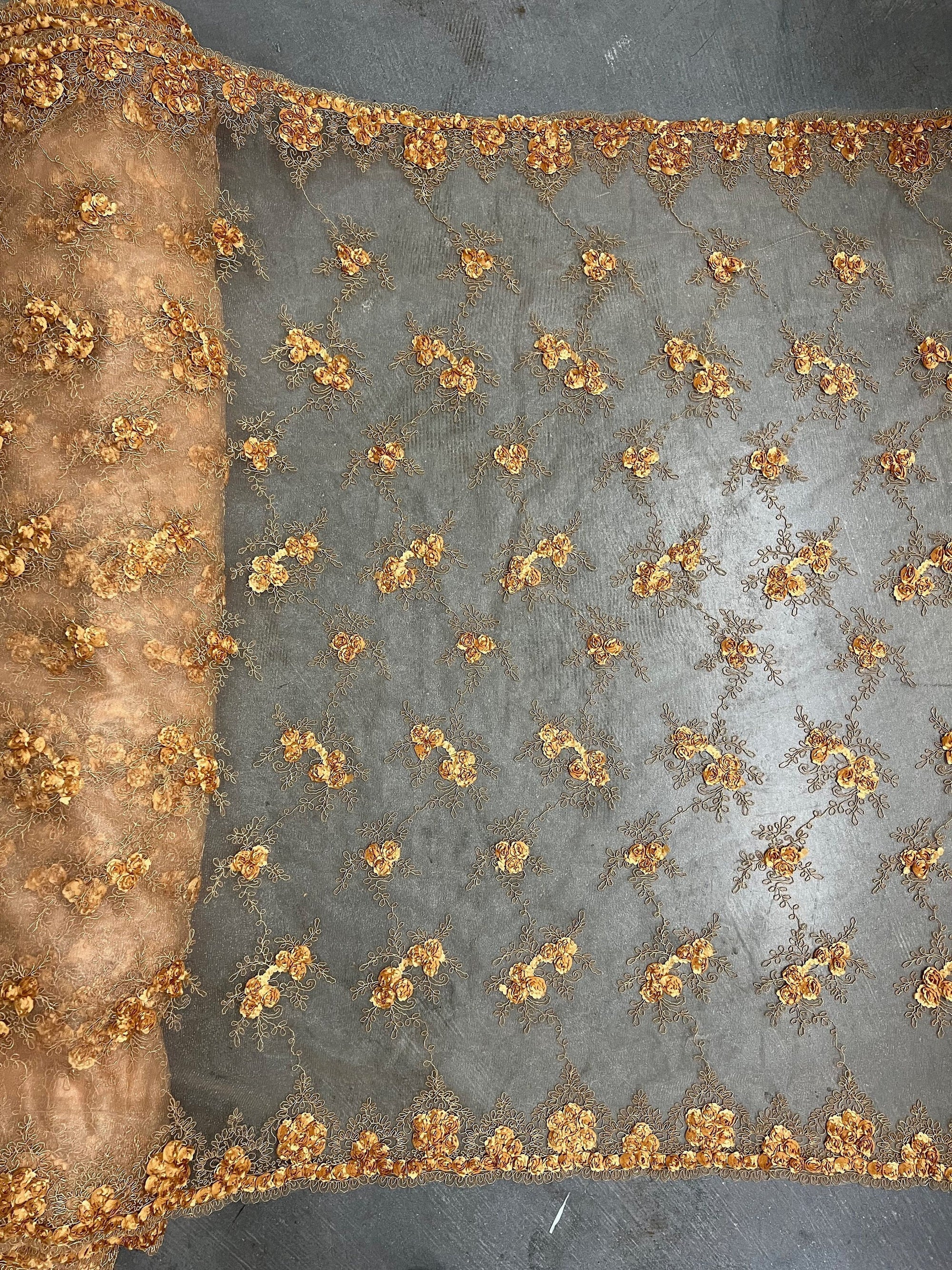 Andrea ANTIQUE GOLD 3D Floral Matte Corded Embroidery on Mesh Lace Fabric by the Yard - 10016